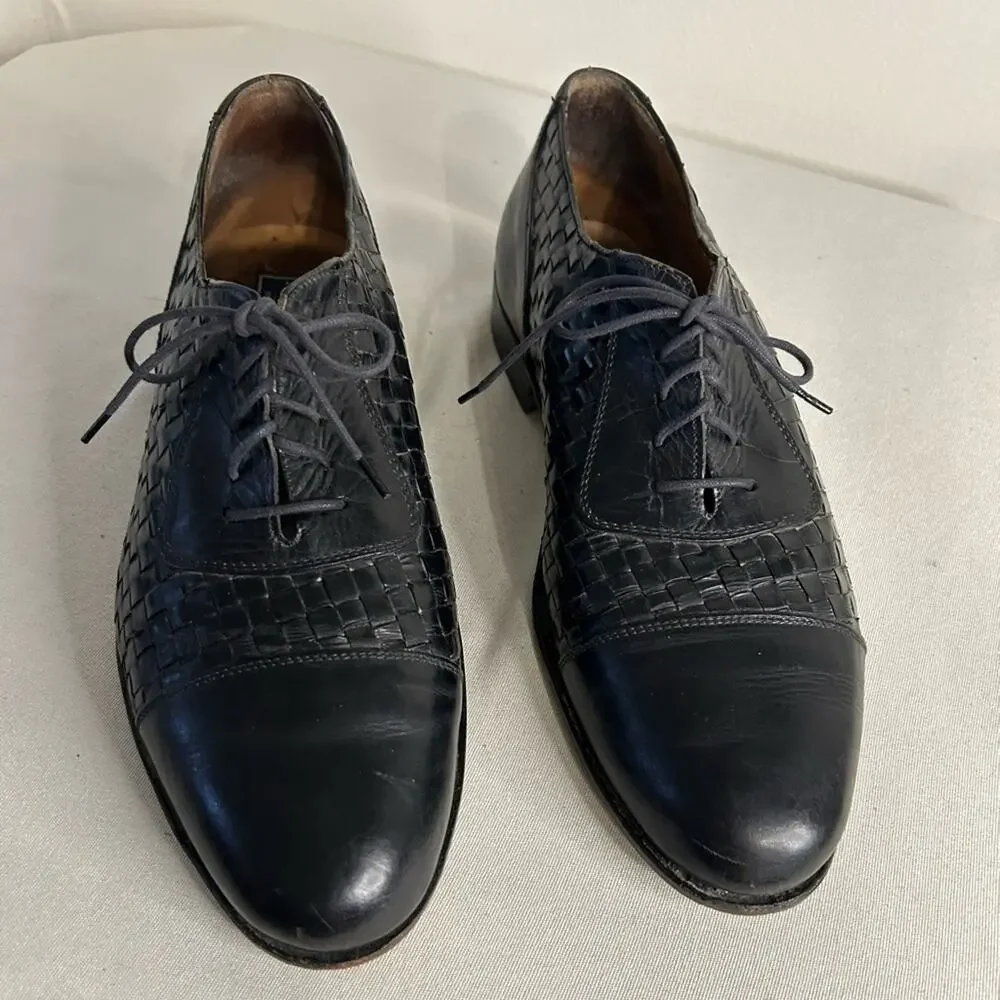 Florentine made in Italy Black Men's woven leather cap toe Oxford shoes. Size 13